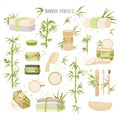 Zero Waste and Ecological vector illustration of Bamboo products and packaging. Reusable makeup Pads, brush, narural