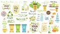 Zero waste elements set Recycle clip art Eco friendly stickers Reusable items products collection Vector