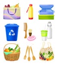 Zero Waste Everyday Items with Purchase Bag and Water Bottle as Reused Objects Vector Set