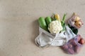 Zero waste food and plastic free shopping concept. Vegetables - zucchini, cucumbers, potatoes, cauliflower, corn, onions- in