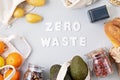 Zero Waste food shopping and storage in cotton eco bags. Glass jars with grains, reusable bags with fresh vegetables, fruits. Royalty Free Stock Photo