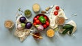 Zero waste healthy food-cereals, seeds, vegetables flat lay on grey background. Groceries in textile bags,glass jars Royalty Free Stock Photo