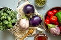 Zero waste healthy food-cereals, seeds, vegetables flat lay on grey background. Groceries in textile bags,glass jars Royalty Free Stock Photo