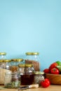 Zero waste healthy food-cereals, seeds, vegetables flat lay on grey background. Groceries in textile bags,glass jars Royalty Free Stock Photo