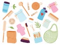 Zero waste items. Reusable container, wood brushes and wasted plastic products. Eco shopping bags, bottles and hygiene