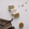 Zero waste kitchen accessories and natural laundry soap. Concept of plastic free and eco friendly products in household, top view Royalty Free Stock Photo