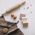 Zero waste kitchen accessories and natural laundry soap. Concept of plastic free and eco friendly products in household, top view Royalty Free Stock Photo