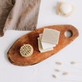Zero waste kitchen accessories, natural organic soap. Concept of plastic free and eco friendly products in household, top view Royalty Free Stock Photo