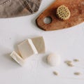 Zero waste kitchen accessories, natural organic soap. Concept of plastic free and eco friendly products in household, top view Royalty Free Stock Photo