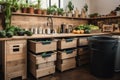 a zero-waste kitchen with compost bins, reusable containers, and fresh produce