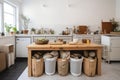 zero-waste kitchen, with composting bins, reusable grocery bags and other eco-friendly items