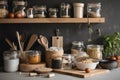 zero-waste kitchen with ingredients, tools, and cookware for healthy cooking and dining