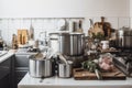 zero-waste kitchen with stainless steel pots, pans, and gadgets for cooking fresh and healthy meals Royalty Free Stock Photo