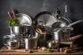 zero-waste kitchen with stainless steel pots, pans, and gadgets for cooking fresh and healthy meals Royalty Free Stock Photo