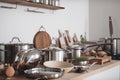 zero-waste kitchen with stainless steel pots, pans, and gadgets for cooking fresh and healthy meals Royalty Free Stock Photo