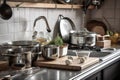 zero-waste kitchen with stainless steel pots, pans, and gadgets for cooking fresh and healthy meals