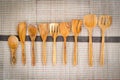 Zero waste kitchen use less plastic concept - Various sizes of wooden spoon and wooden cooked rice ladle kitchen turner Royalty Free Stock Photo