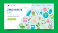 Zero waste landing page with ecological elements - waste sorting, reusable cups, cotton shopping bag, toiletries