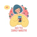 Zero waste lifestyle banner. Eco friendly concept with cute girl character. Woman with reusable glass jar for shopping