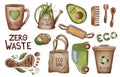 Zero waste lifestyle isolated objects with lettering. Ecological, recycle, reused Royalty Free Stock Photo