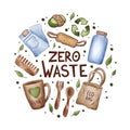 Zero waste lifestyle logo in circle form with lettering. Ecological, recycle, reused comp Royalty Free Stock Photo