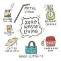 Zero waste living doodle concept. Hand drawn reusable tea bag, natural cleaner, metal straw, homemade jam, cotton bread