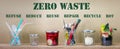 Zero Waste management, illustrated in 6 jars with text Refuse, reduce, recycle, repair, reuse, rot on cardboard background