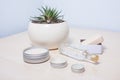 Zero waste options for your bathroom. Reusable, repurposed tin cosmetics containers. Royalty Free Stock Photo