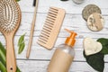 Zero waste and organic bathroom accessories flat lay background composition