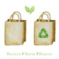 Zero waste paper bag, Green Recycled cycle arrows icon. Watercolor hand drawn illustration isolated on white background Royalty Free Stock Photo