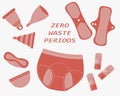 Zero waste periods. Set of reusable plastic free products for menstruation days: menstrual cups and disks, cloth pads