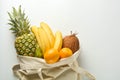 Zero waste and plastic free concept. Grocery shopping with eco bag over white background. Flat lay, top view. Copy space Royalty Free Stock Photo