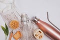 Zero waste plastic free home tools and items on white background. Royalty Free Stock Photo