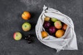 Zero waste, plastic free recycled textile produce bag on dark slate table background