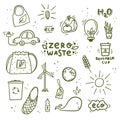 Zero waste and recycling doodles hand drawn cotton bread bags, homemade jam, tea strainer, saving paper, reusable tea