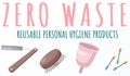 Zero waste icons set reusable personal hygiene products razor, comb, cotton swabs, menstrual cup