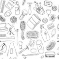 Zero waste seamless vector pattern. Hand-drawn collection personal hygiene items of woman and man