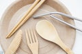 Zero waste a set of cutlery made of wood, bamboo. rejection of plastic, waste reduction. reusable use