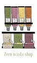 Zero waste shop bulk containers and dispensers with beans and seeds. Hand drawn vector sketch