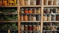 Zero waste shop interior details. Wooden shelves with different food Royalty Free Stock Photo