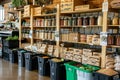 Zero waste shop interior details. Wooden shelves with different food Royalty Free Stock Photo