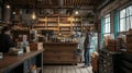 Zero waste shop interior details. Wooden shelves with different food goods and personal hygiene or cosmetics products in Royalty Free Stock Photo