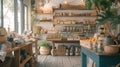 Zero waste shop interior details. Wooden shelves with different food goods and personal hygiene or cosmetics products in Royalty Free Stock Photo