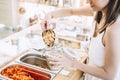 Zero waste shop. Woman buying dry goods in plastic free grocery store Royalty Free Stock Photo