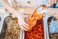 Zero waste shop. Woman buying dry goods in plastic free grocery store Royalty Free Stock Photo