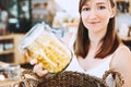 Zero waste shop. Woman buying products in plastic free grocery store Royalty Free Stock Photo