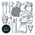 Zero waste,  sketch illustration. Hand drawn natural reusable items and accessories. Eco friendly goods icons Royalty Free Stock Photo