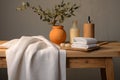 Zero waste spa concept soap and lotion dispensers, linen towel, and dry shampoo on oak surface Royalty Free Stock Photo