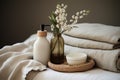 Zero waste spa concept with soap and lotion dispensers and linen towel in kinfolk style