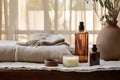 Zero waste spa concept with soap and lotion dispensers and linen towels in kinfolk style